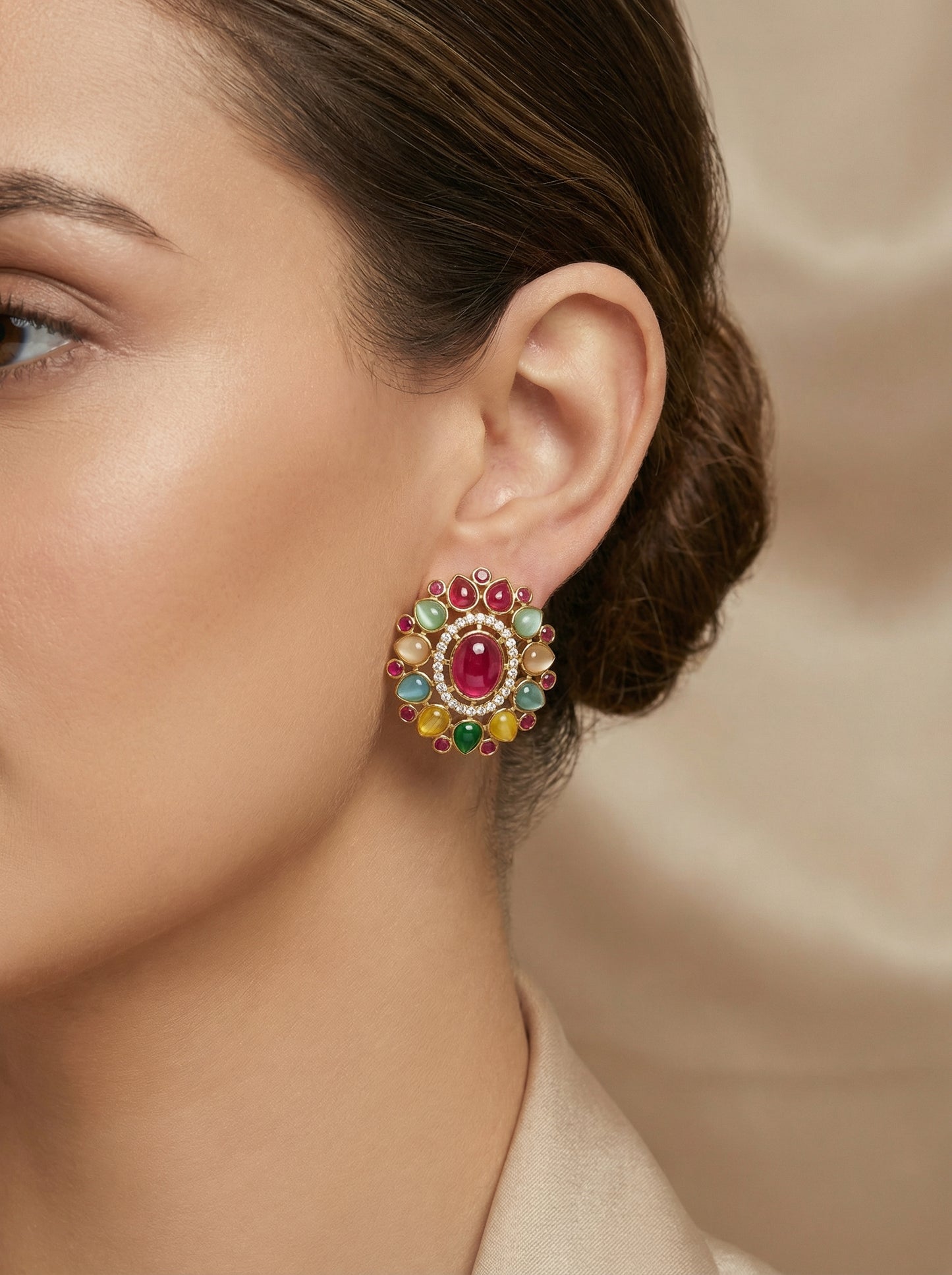 Signature Navratana Polki Stud Earrings - [generated by Eldor AI]