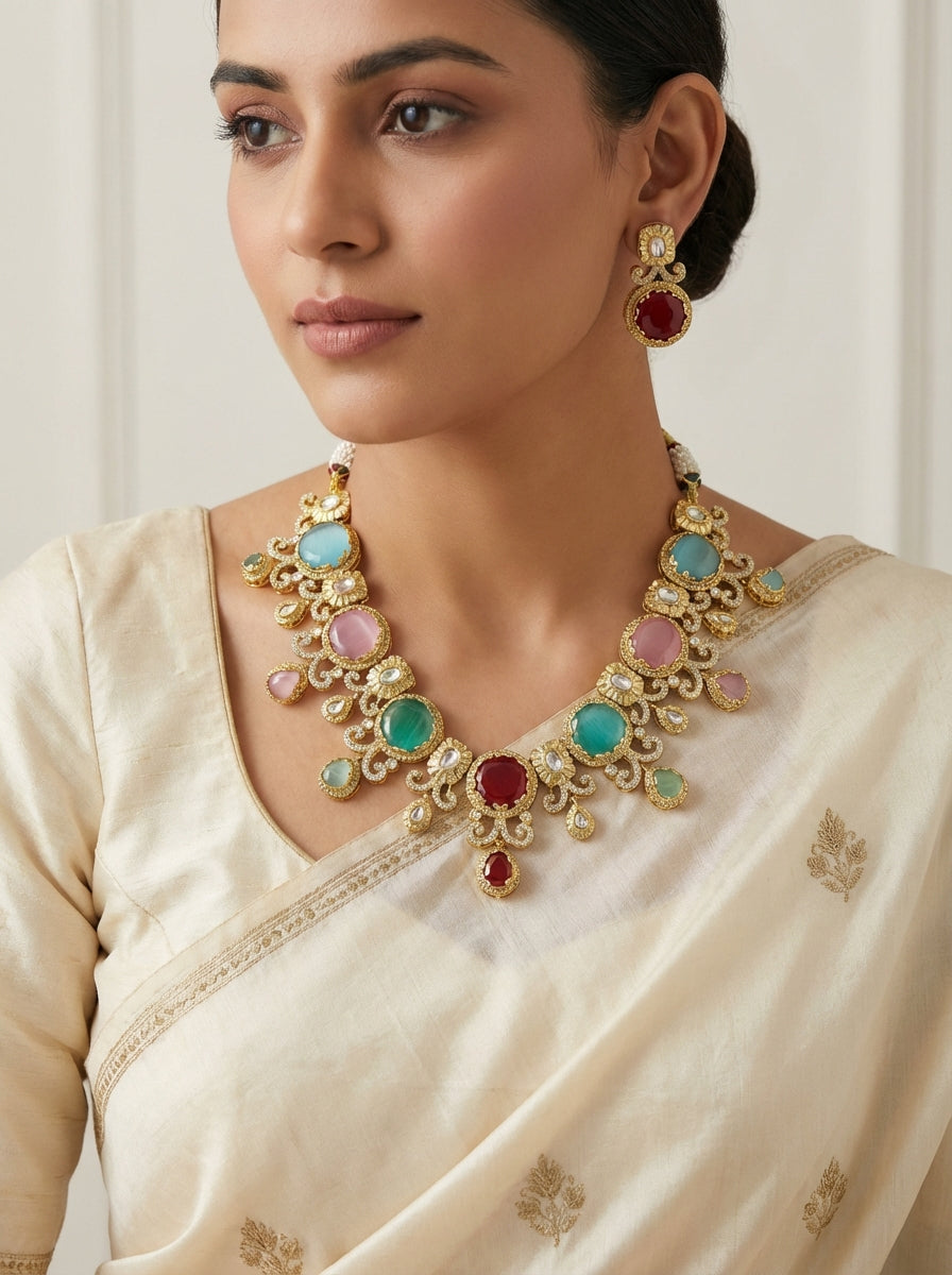 Statement Designer Navratna Necklace Set - [generated by Eldor AI]