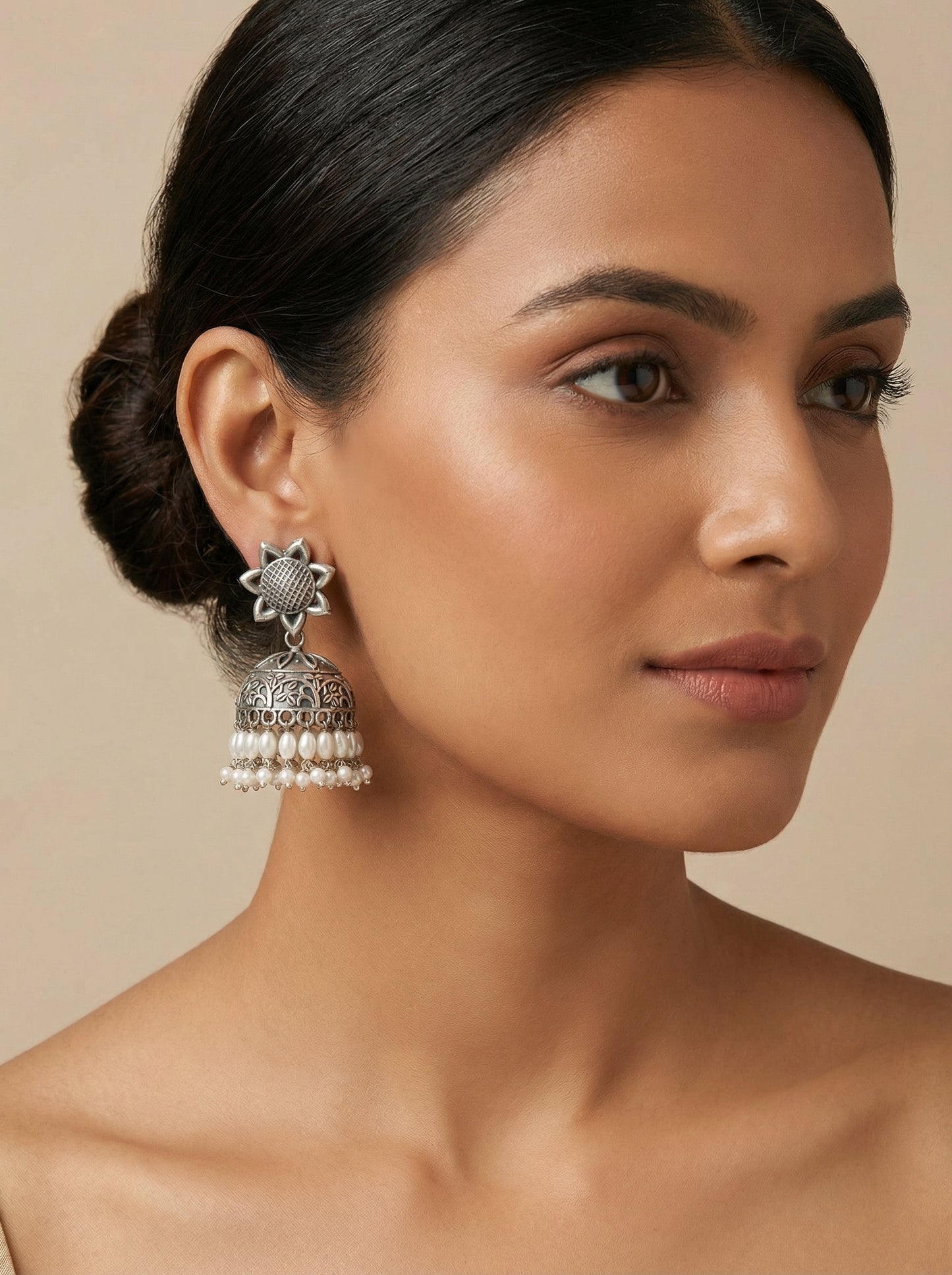 Floral Pearl Silver Jhumka - [generated by Eldor AI]