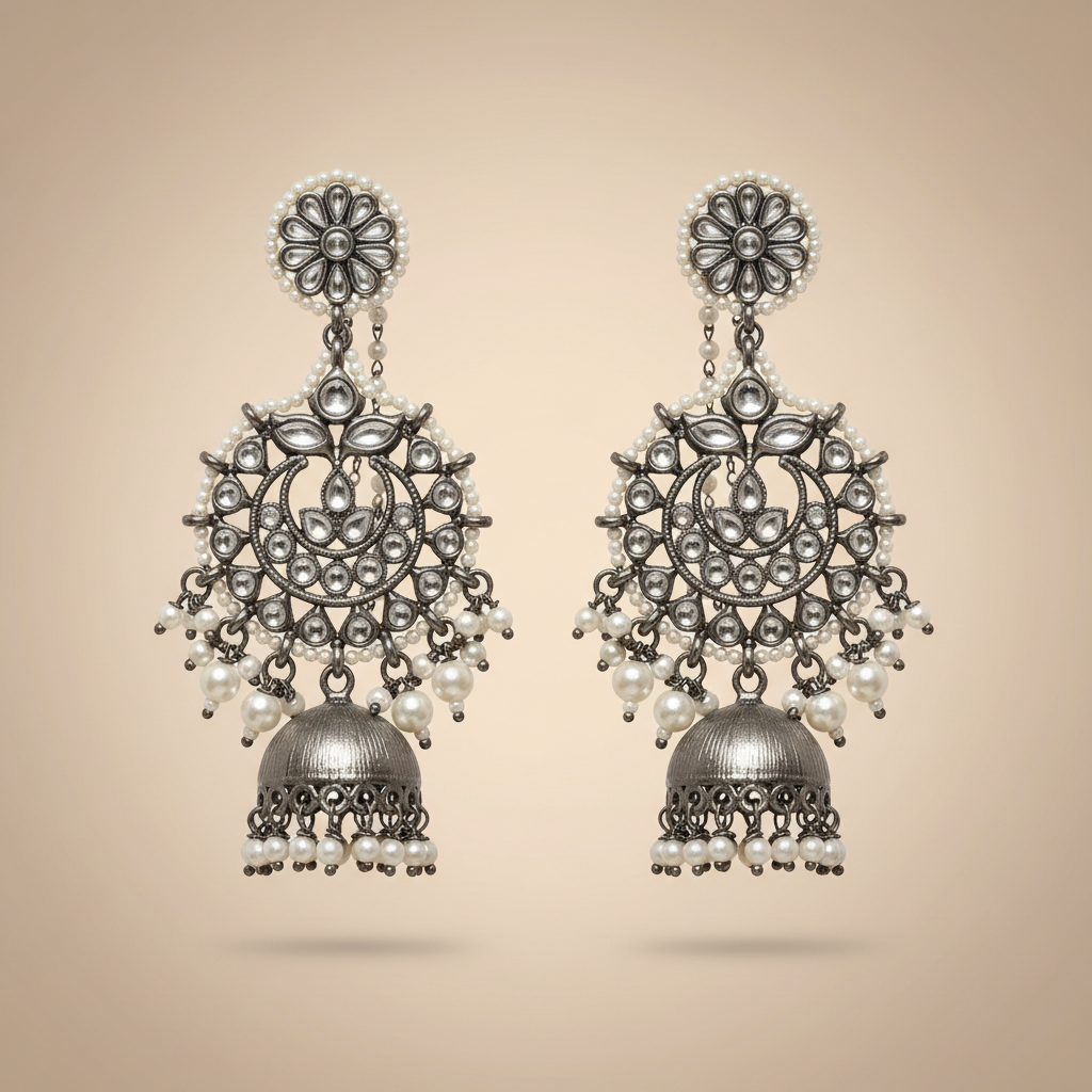 Metallic Black Silver Jhumka with earchain