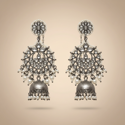 Metallic Black Silver Jhumka with earchain