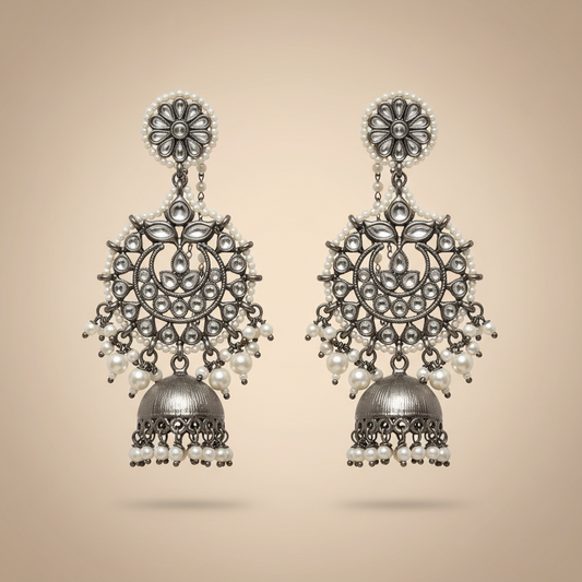 Metallic Black Silver Jhumka with earchain
