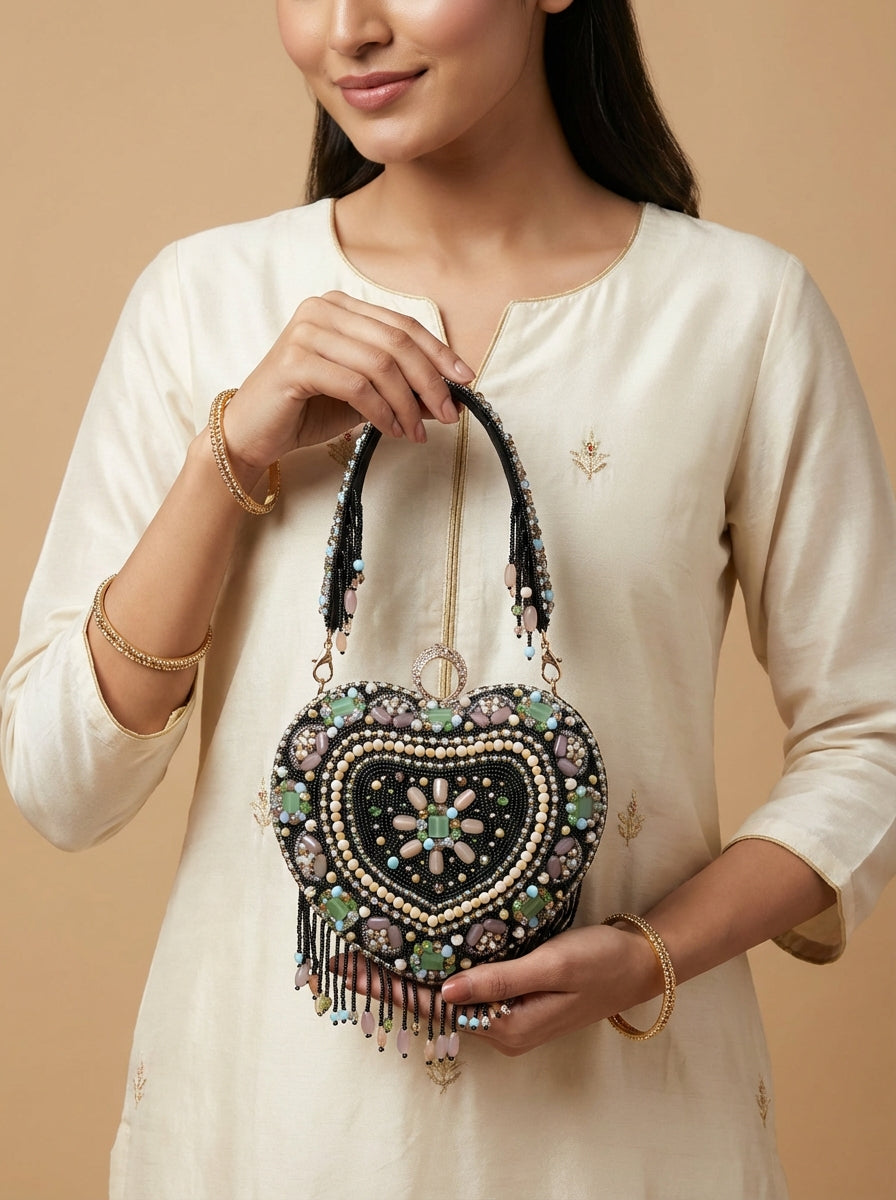 Signatrure Black Heart Beads Stone Handbag - [generated by Eldor AI]