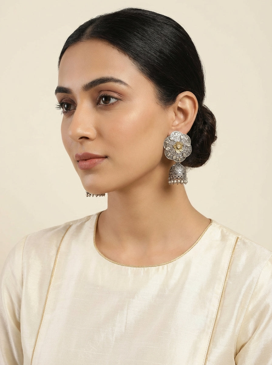 Dual Tone Kundan Silver Jhumka - [generated by Eldor AI]
