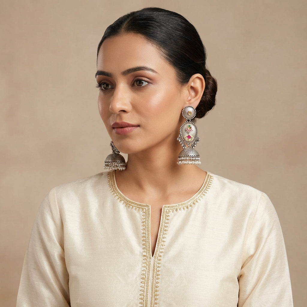 Silver Paachi Kundan Statement Long Jhumka - [generated by Eldor AI]