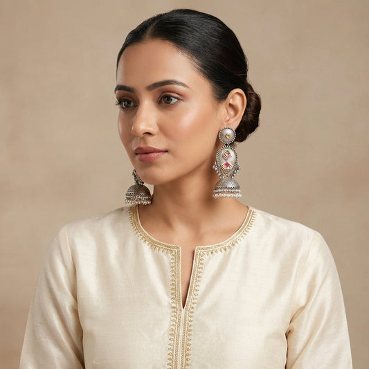 Silver Paachi Kundan Statement Long Jhumka - [generated by Eldor AI]