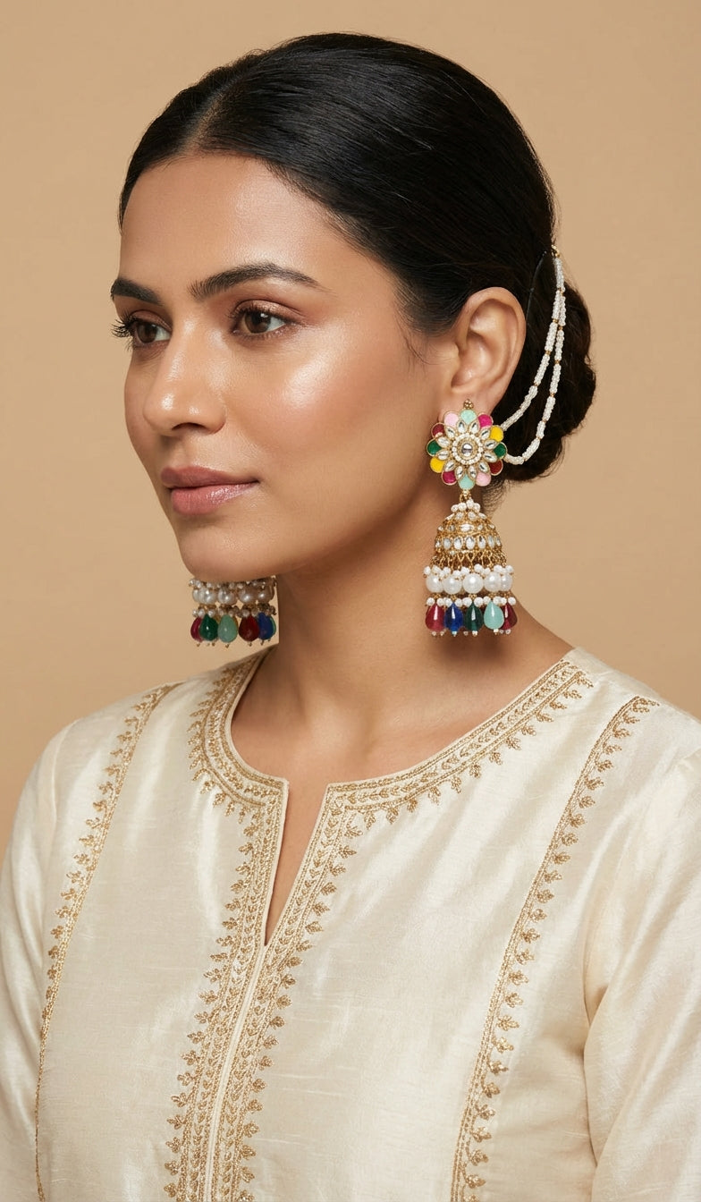 "Lehariya" Kundan Pearl Gold-plated Jhumka with Earchain - [generated by Eldor AI]