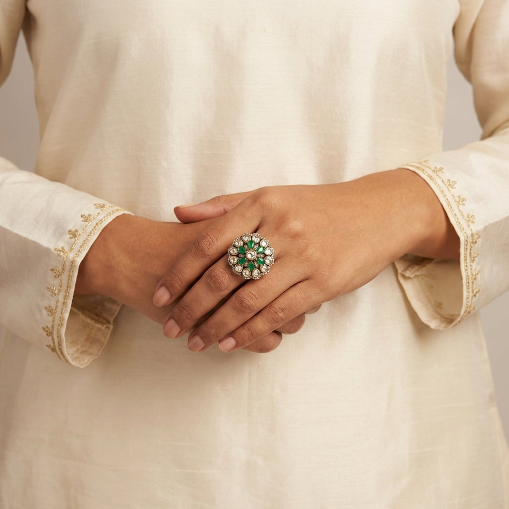 Green Moissanite Rhodium Plated Rings - [generated by Eldor AI]