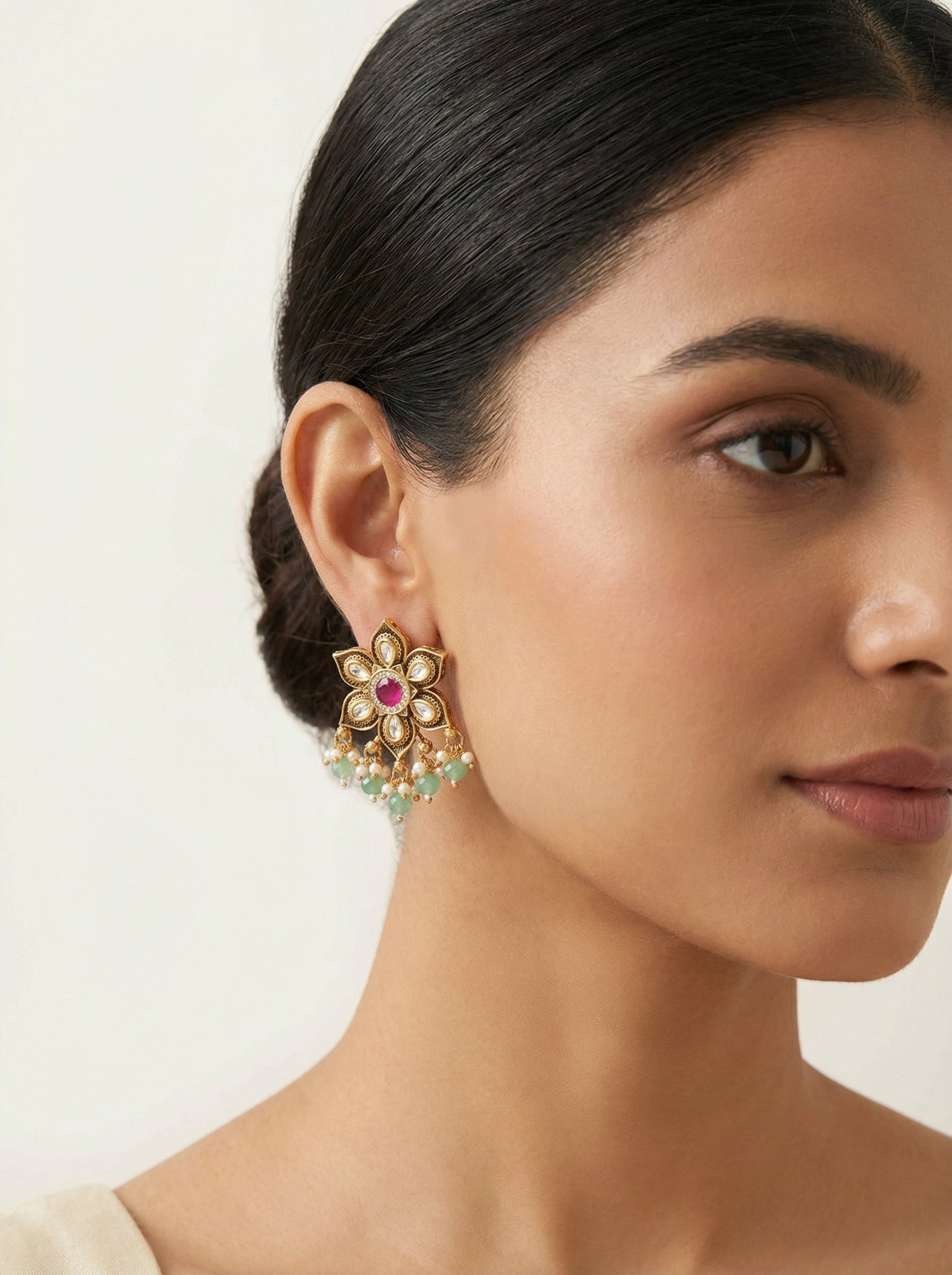 Kundan Polki Kempu Mint Floral Antique Earrings - [generated by Eldor AI]