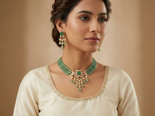 Paachi Kundan Polki Studded Natural Stone Work Statement Necklace Set - [generated by Eldor AI]