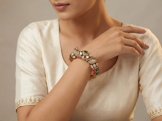 The ROYAL Kundan Moissanite Semi Precious Stones Lock Openable Bangle Bracelet - Single - [generated by Eldor AI]