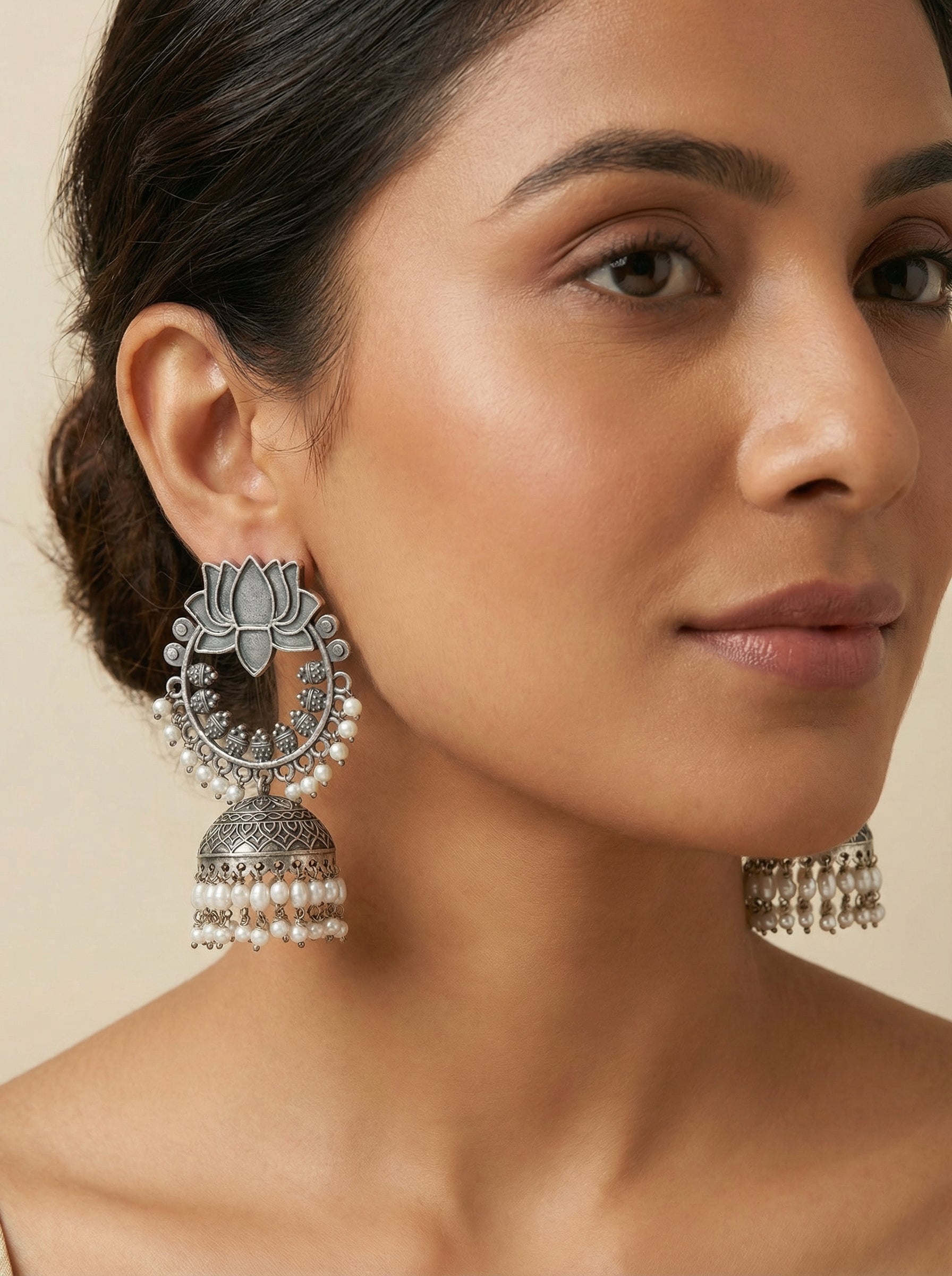 Lotus Long Silver Jhumka - [generated by Eldor AI]