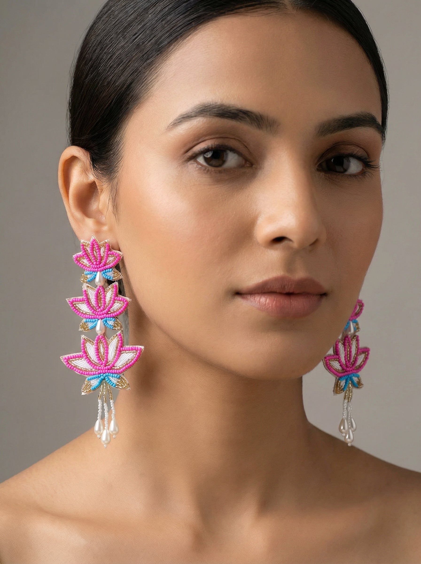 Tripple Layered Lotus Handmade Beads Pearl Earrings - [generated by Eldor AI]