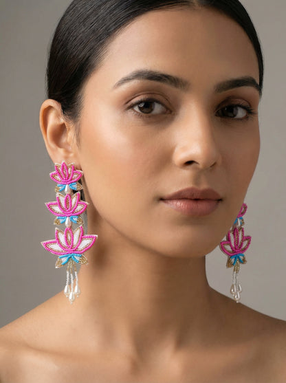 Tripple Layered Lotus Handmade Beads Pearl Earrings - [generated by Eldor AI]