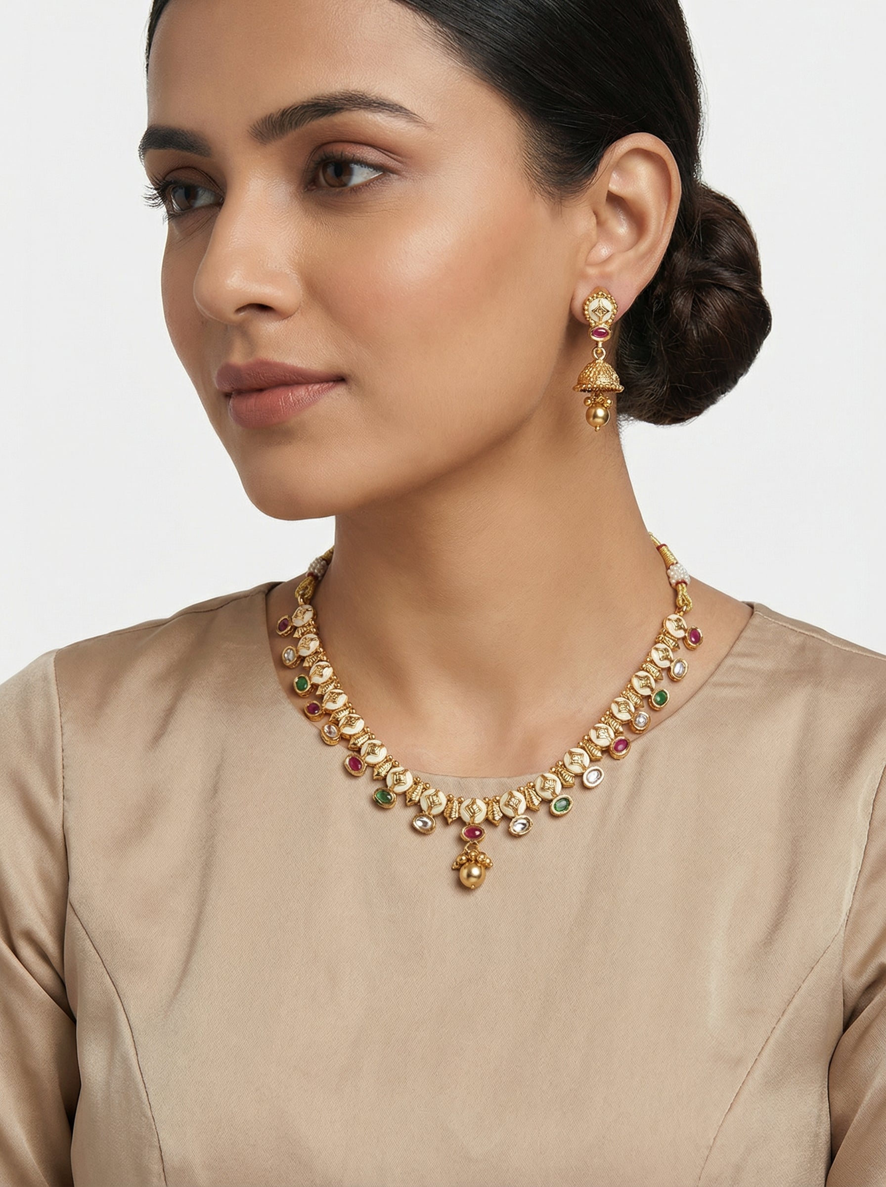 Navratna Stone Gold Plated Pure Brass Necklace set - [generated by Eldor AI]