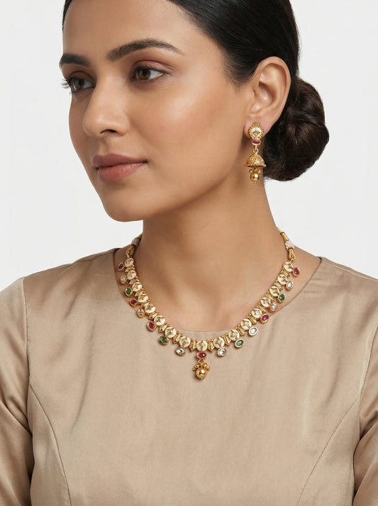 Navratna Stone Gold Plated Pure Brass Necklace set - [generated by Eldor AI]