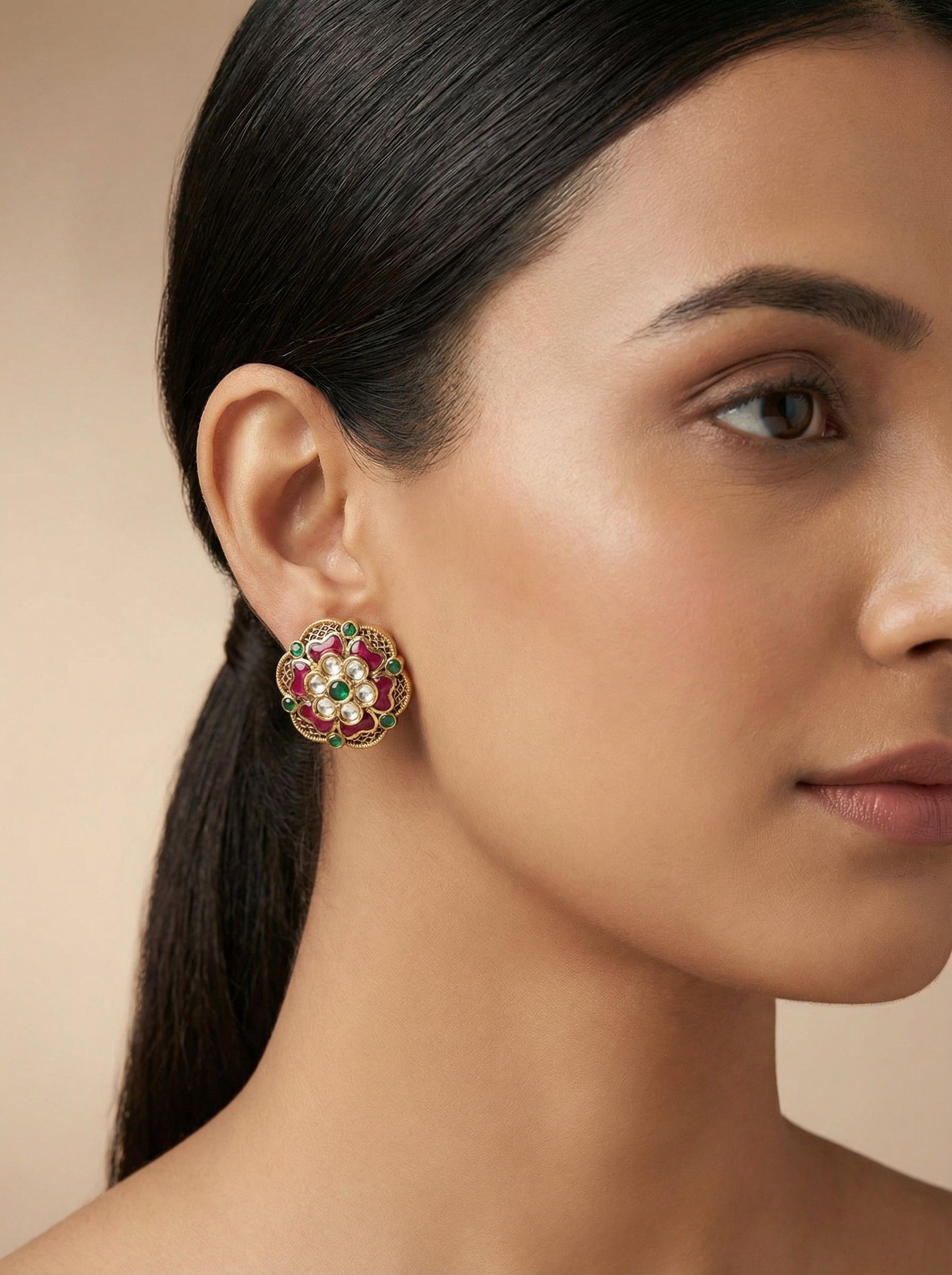 Polki Kempu Mint Antique Stud Earrings - [generated by Eldor AI]