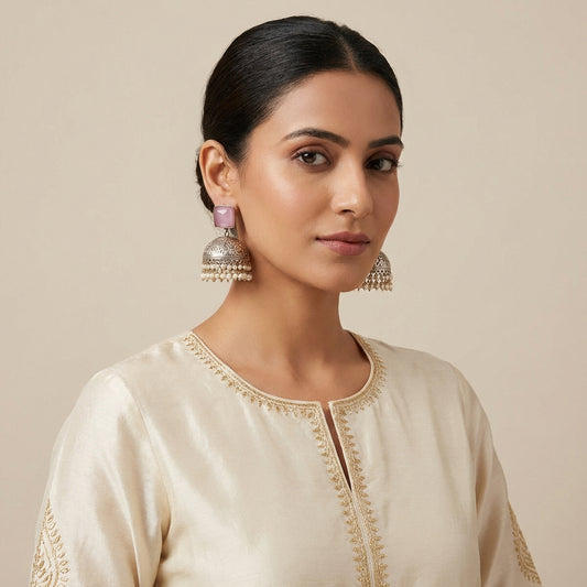 Pink Stoned Handcrafted Silver Pearl Jhumka - [generated by Eldor AI]