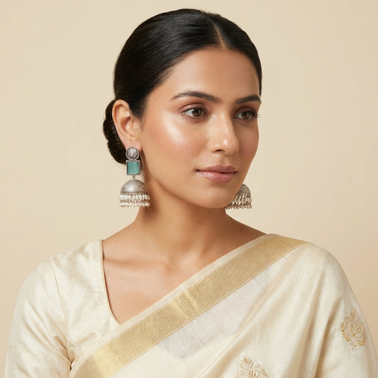 Sea Green Semi Precious Stone Silver Butta Pearl Long Jhumka - [generated by Eldor AI]