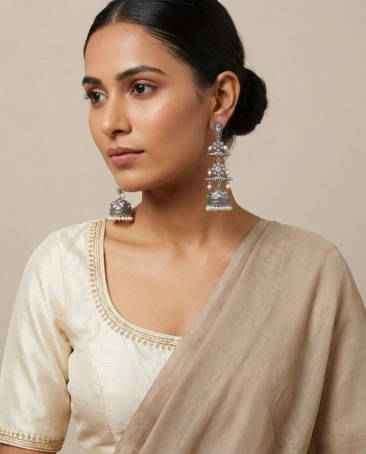 Statement Zirconia Handcrafted Silver Long Jhumka - [generated by Eldor AI]