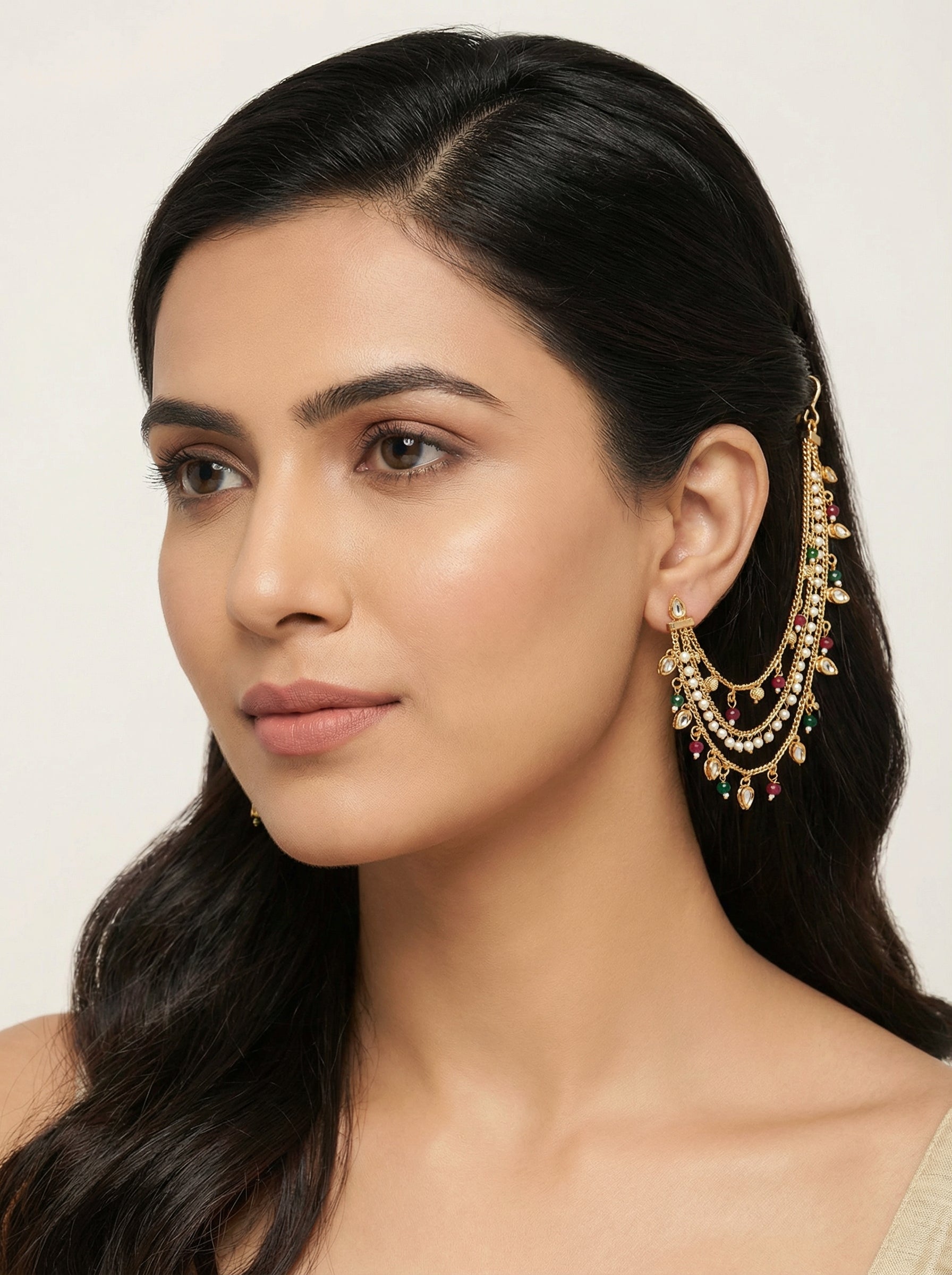 Navratna Kundan Stone Triple Layered Earchain Sahara - [generated by Eldor AI]
