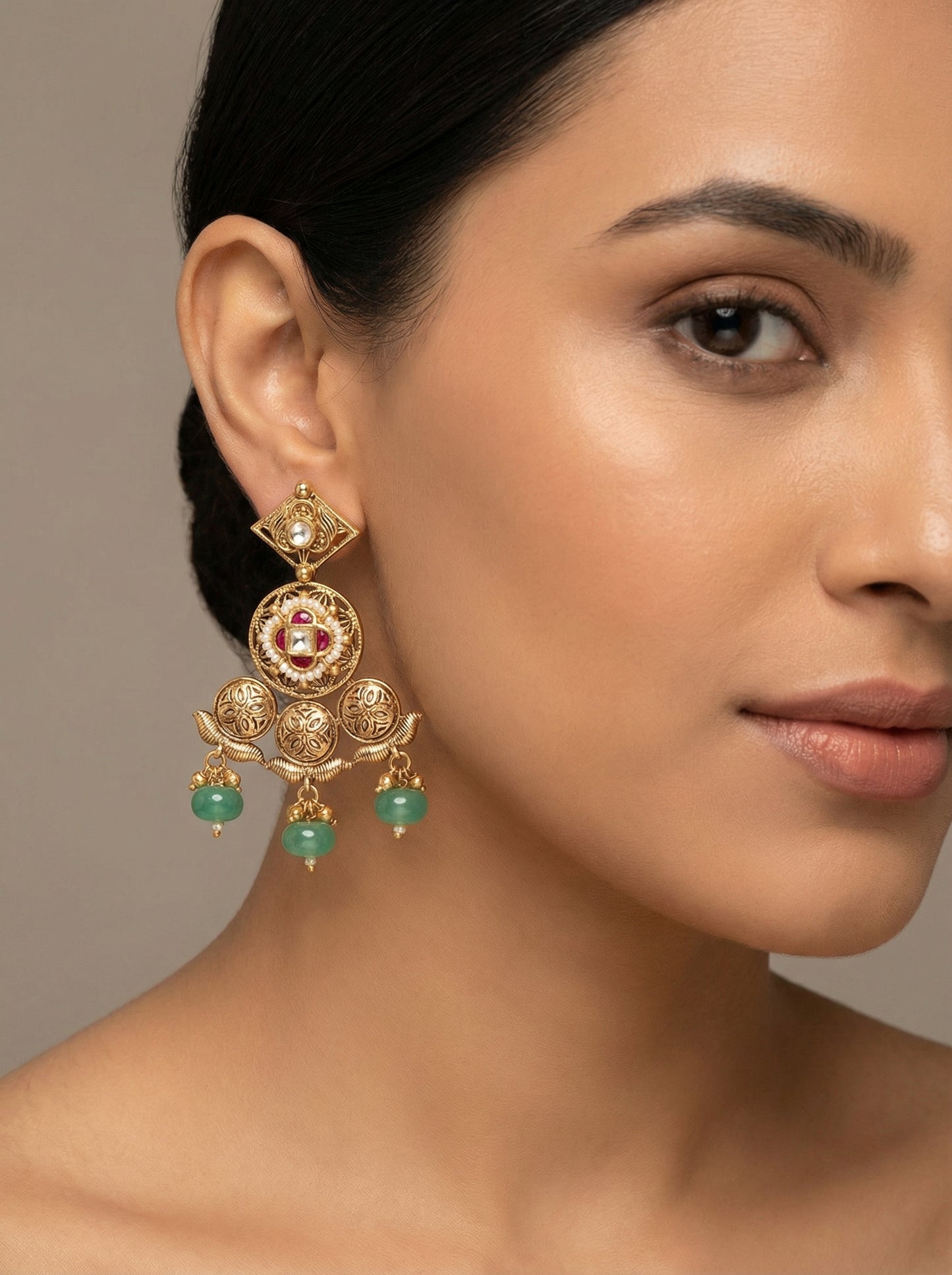 Kundan Polki Kempu Mint Antique Temple Earrings - [generated by Eldor AI]