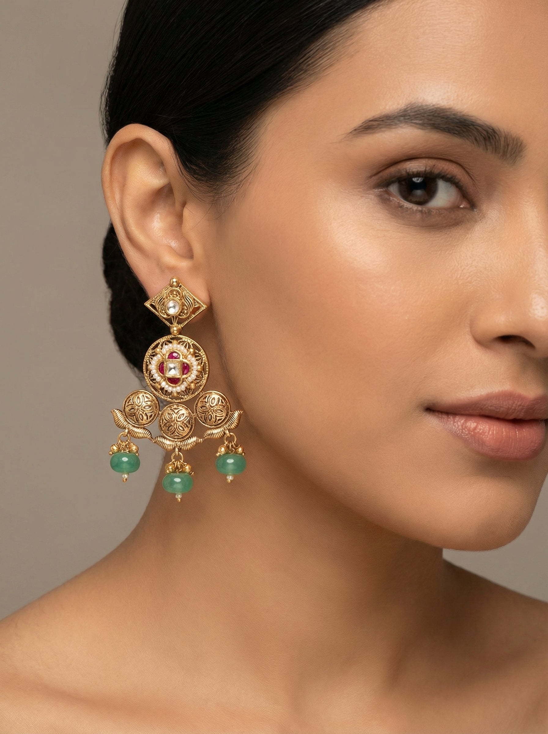 Kundan Polki Kempu Mint Antique Temple Earrings - [generated by Eldor AI]
