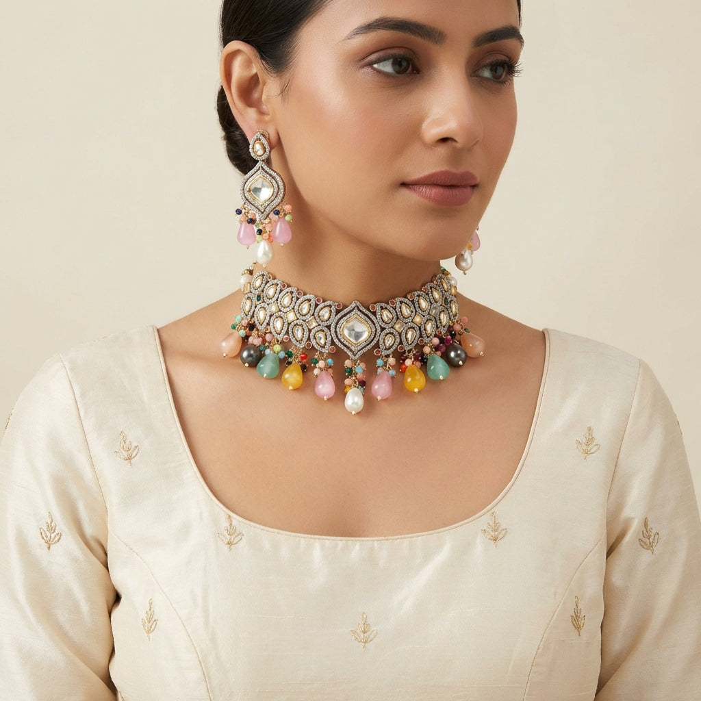 Luxuriously Handcrafted Navratana Kundan Polki Choker Necklace with Earrings - [generated by Eldor AI]
