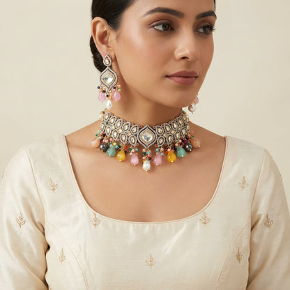 Luxuriously Handcrafted Navratana Kundan Polki Choker Necklace with Earrings - [generated by Eldor AI]