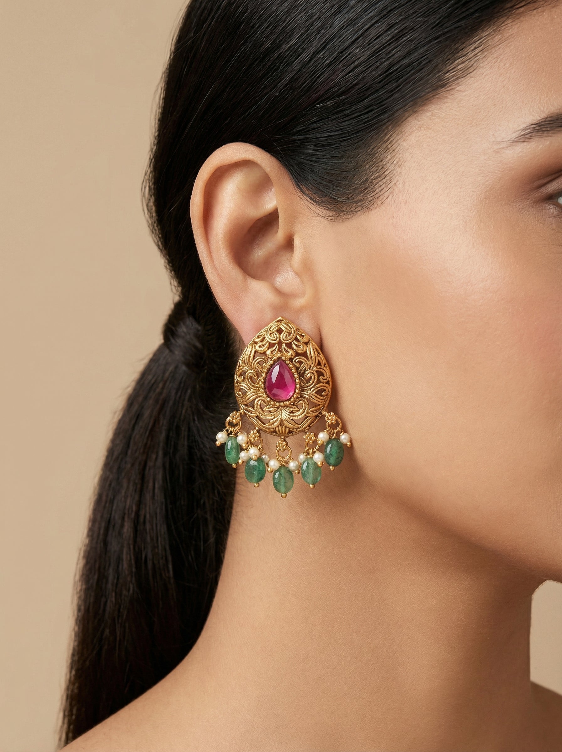 Kempu Mint Antique Temple OverSized Stud Earrings - [generated by Eldor AI]