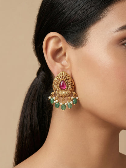 Kempu Mint Antique Temple OverSized Stud Earrings - [generated by Eldor AI]