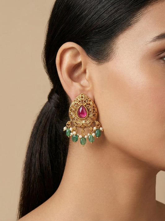 Kempu Mint Antique Temple OverSized Stud Earrings - [generated by Eldor AI]