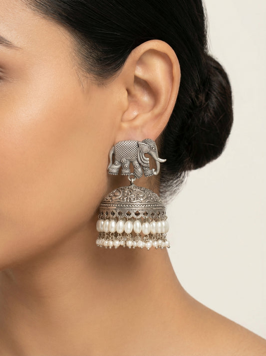 Elephant Motif Silver Jhumka - [generated by Eldor AI]
