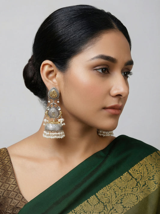 Dual tone white Zircon German silver Jhumka - [generated by Eldor AI]