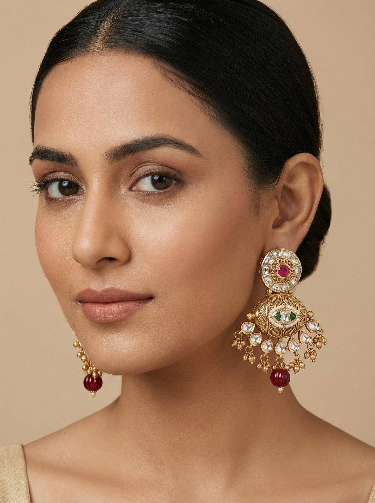 Moissanite kundan Kempu Jadau Chandbali Earrings - [generated by Eldor AI]