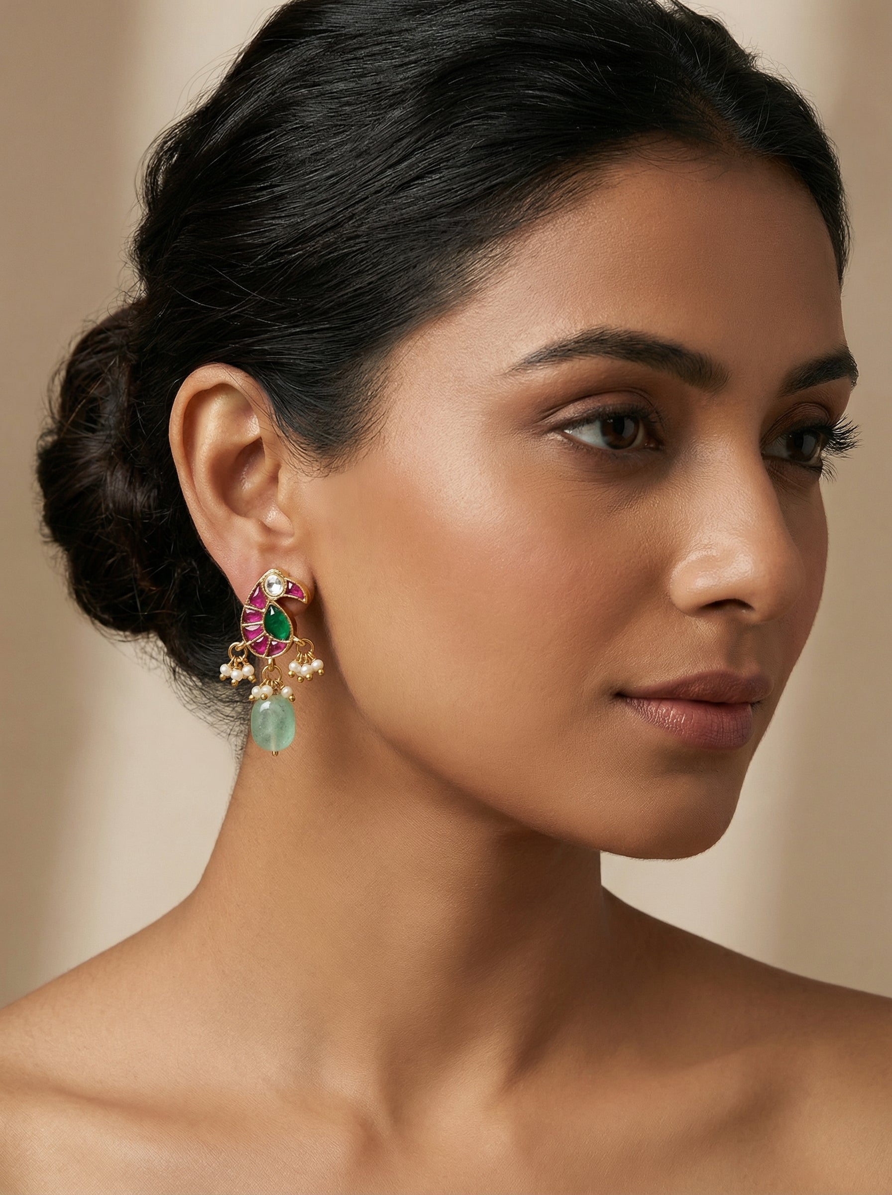 Parrot Polki Kempu Mint Antique Earrings - [generated by Eldor AI]