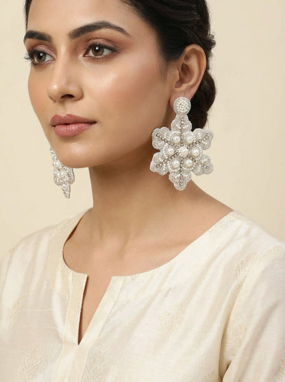 Handmade White Pearl Star Long Statement earrings - [generated by Eldor AI]