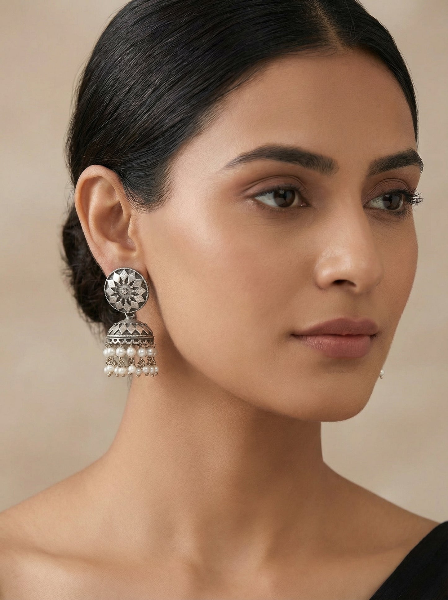 Statement Carving Pearl Silver Jhumka - [generated by Eldor AI]
