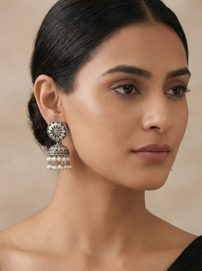 Statement Carving Pearl Silver Jhumka - [generated by Eldor AI]