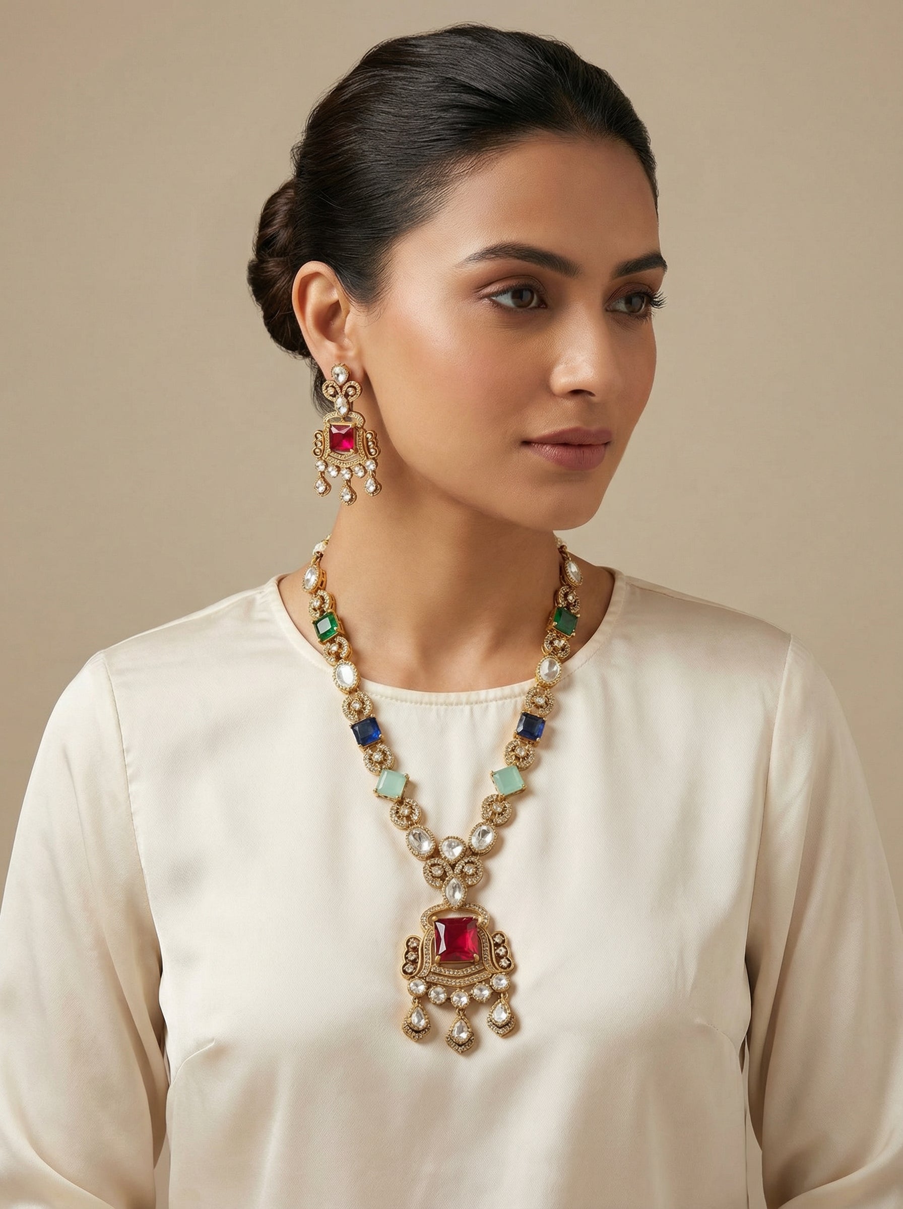 Statement Royal Kundan Semi Precious Stone Necklace set with earrings - [generated by Eldor AI]