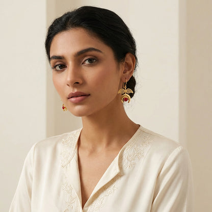 Red Stone Natural Pearl Anti Tarnish Hook Earrings - [generated by Eldor AI]