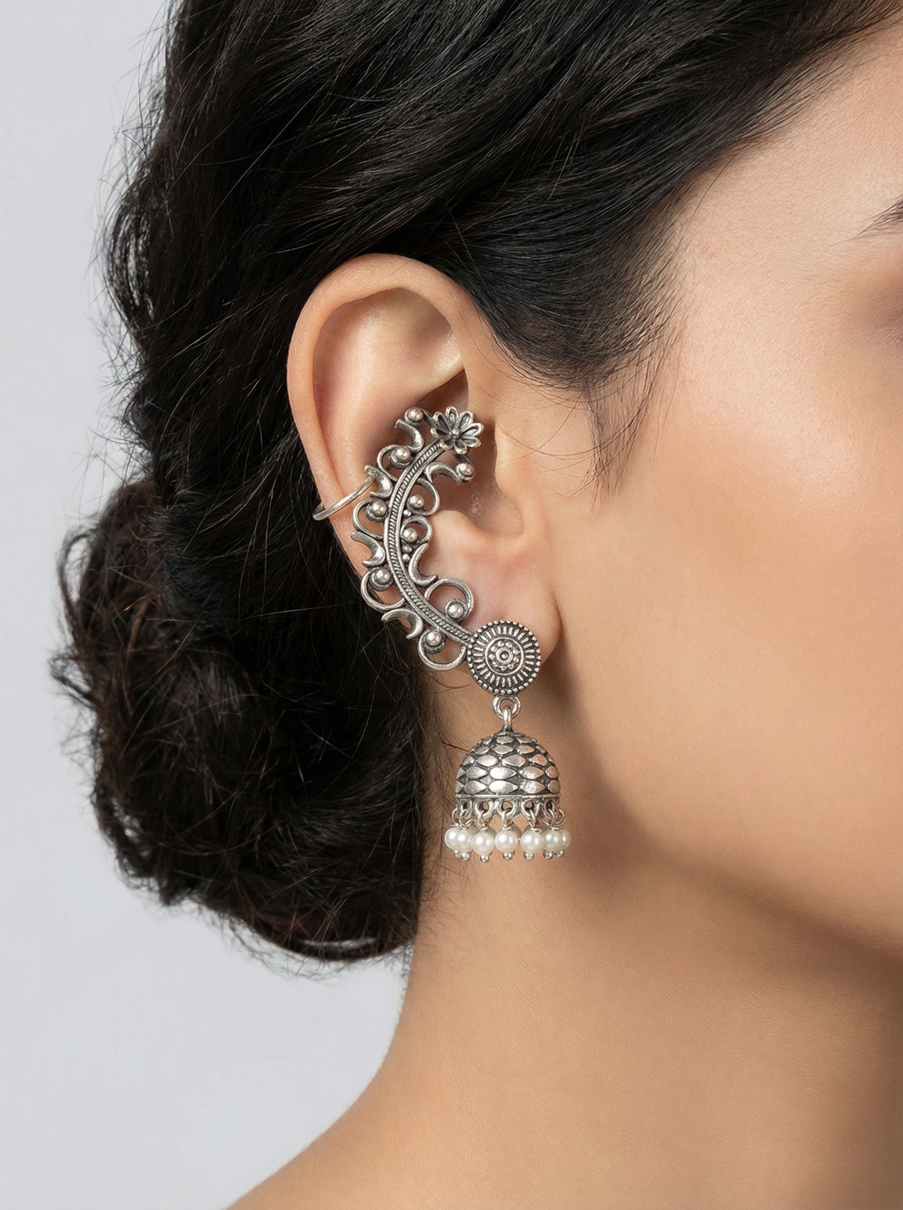 Quirky Silver Earcuff Jhumka Earrings - [generated by Eldor AI]