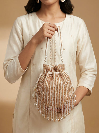 Signature Handcrafted Double Sided Dual Color Pearl Beads Potli Bag - [generated by Eldor AI]