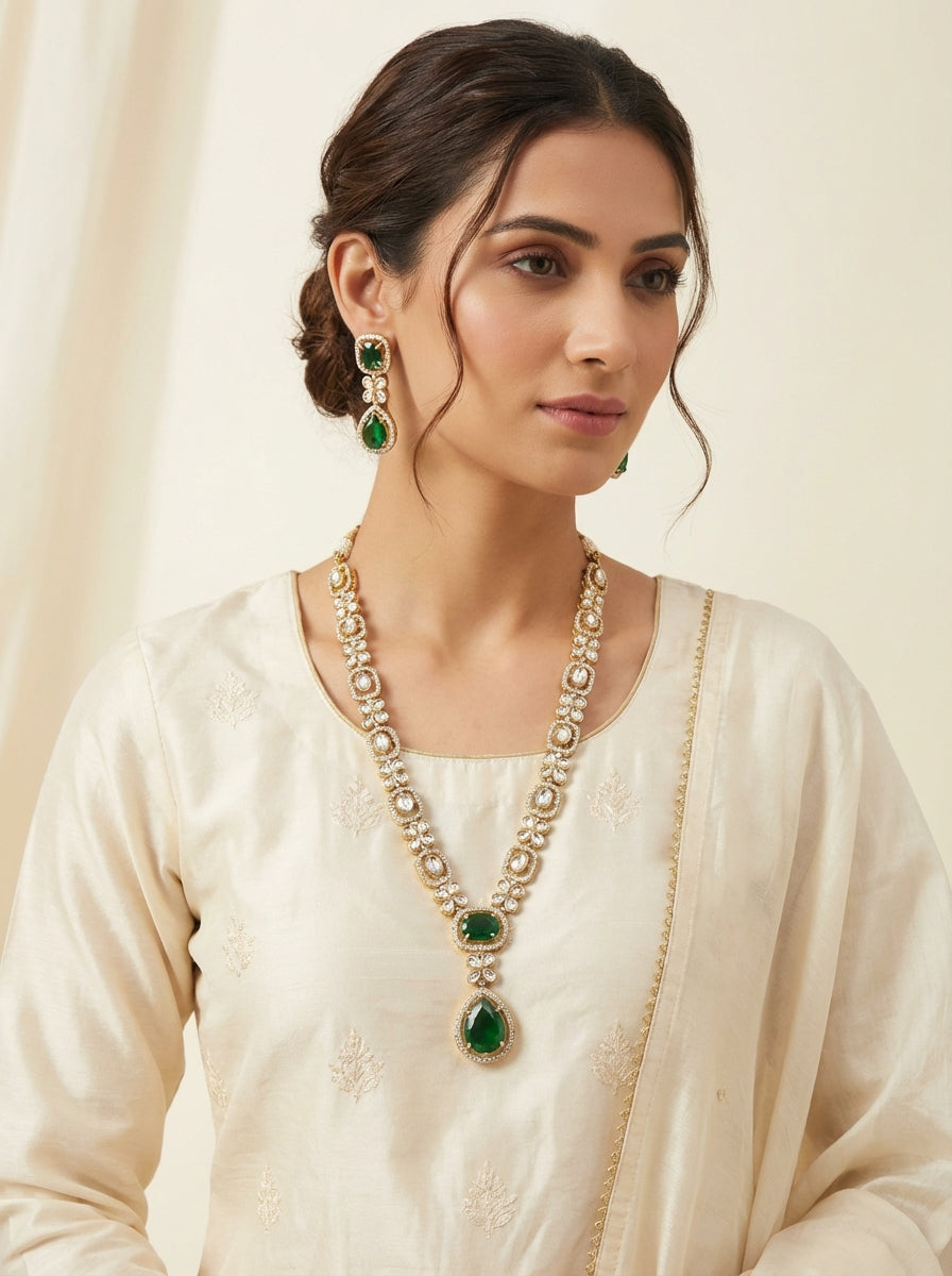 Green Moissanite Kundan Necklace Long Set - [generated by Eldor AI]