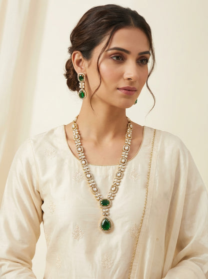 Green Moissanite Kundan Necklace Long Set - [generated by Eldor AI]