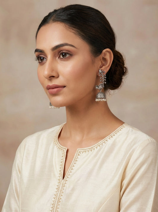Peacock Silver Earcuff Jhumka - [generated by Eldor AI]