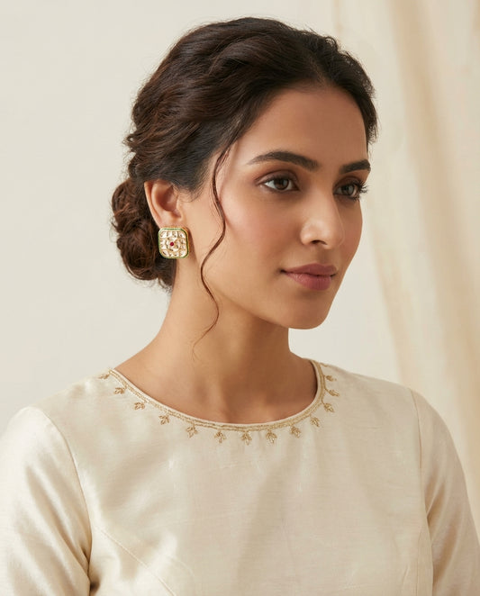 Moissanite Polki Studs with Back Jaipuri Meenakari - [generated by Eldor AI]