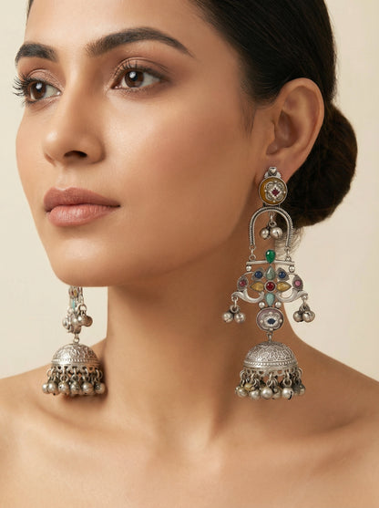 Navratna Silver Statement Long Jhumka - [generated by Eldor AI]