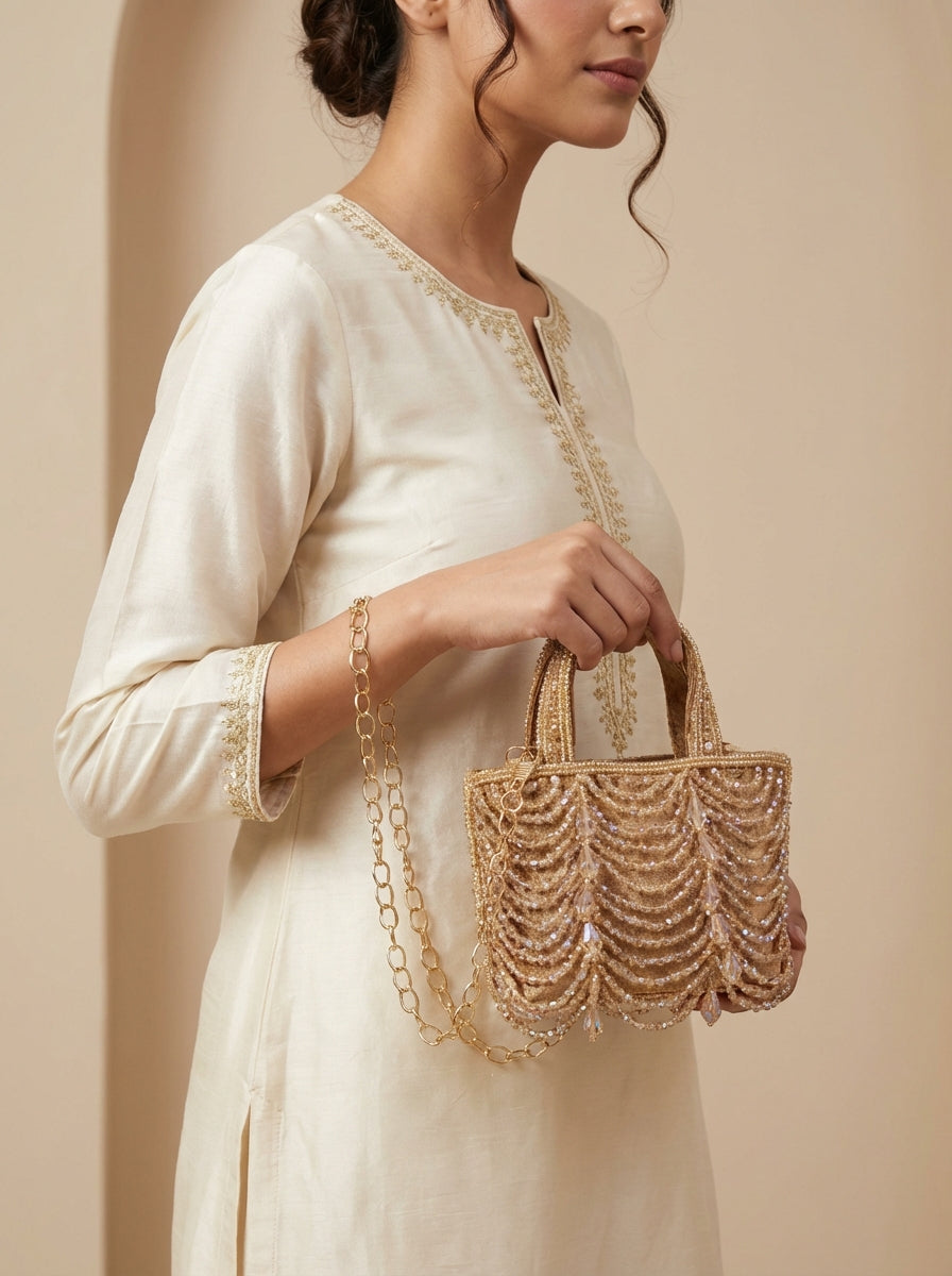 Handcrafted Double Sided Pearl Beads HandBag with Sling Chain - Small - [generated by Eldor AI]