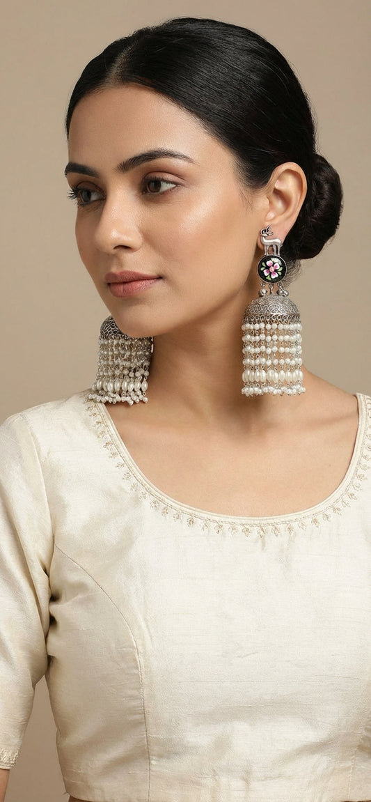 "Aisha" Statement Silver Long Pearl Cluster Jhumka - [generated by Eldor AI]
